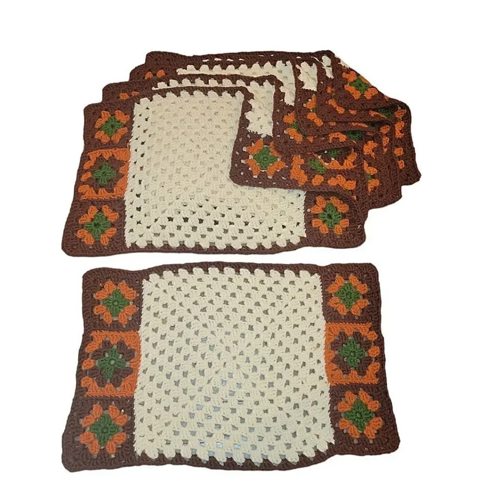 6 Vintage Granny Square Knitted Crochet Place Mats 1970s